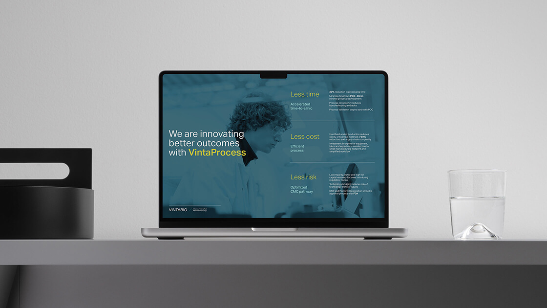 Investor deck slide for VintaBio designed by Context, showcasing the VintaProcess value proposition,' presented alongside clean visuals and structured typography.