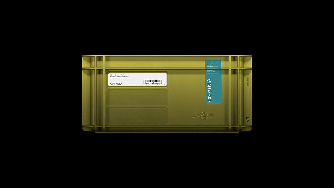 Branded storage container for VintaBio designed by Context, featuring a custom label system with bold typography and teal accents. The design ensures clarity and organization while reinforcing the brand's identity.